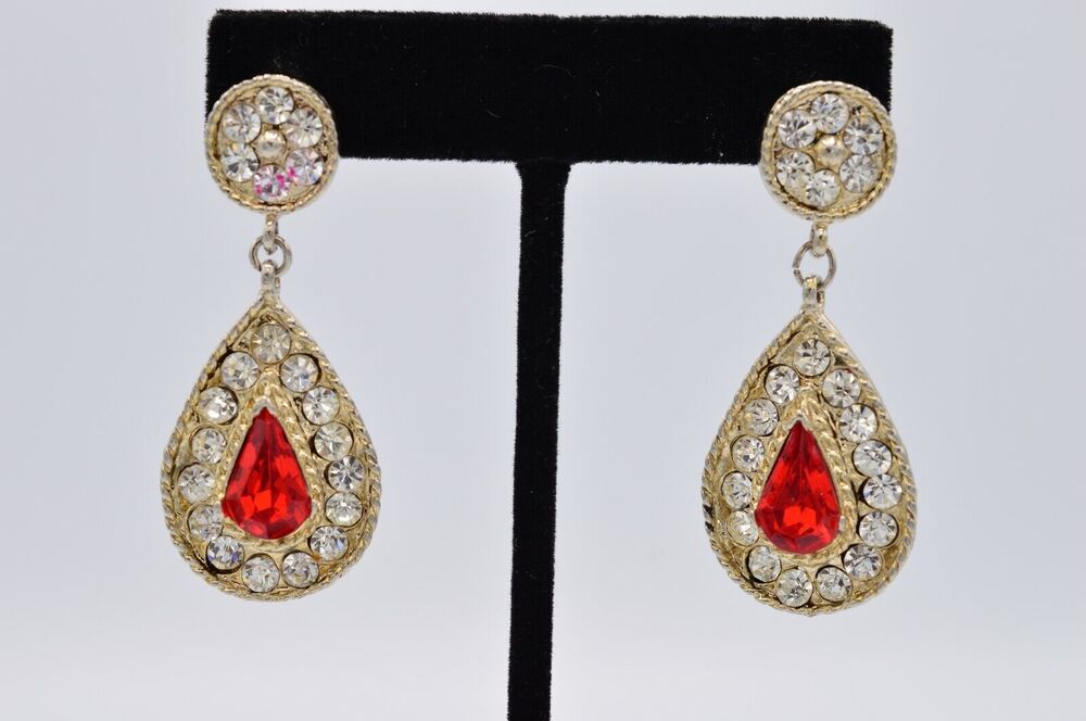 Vintage Earrings Rhinestone Red Crystal Gold Teardrop Statement NOS BinAB